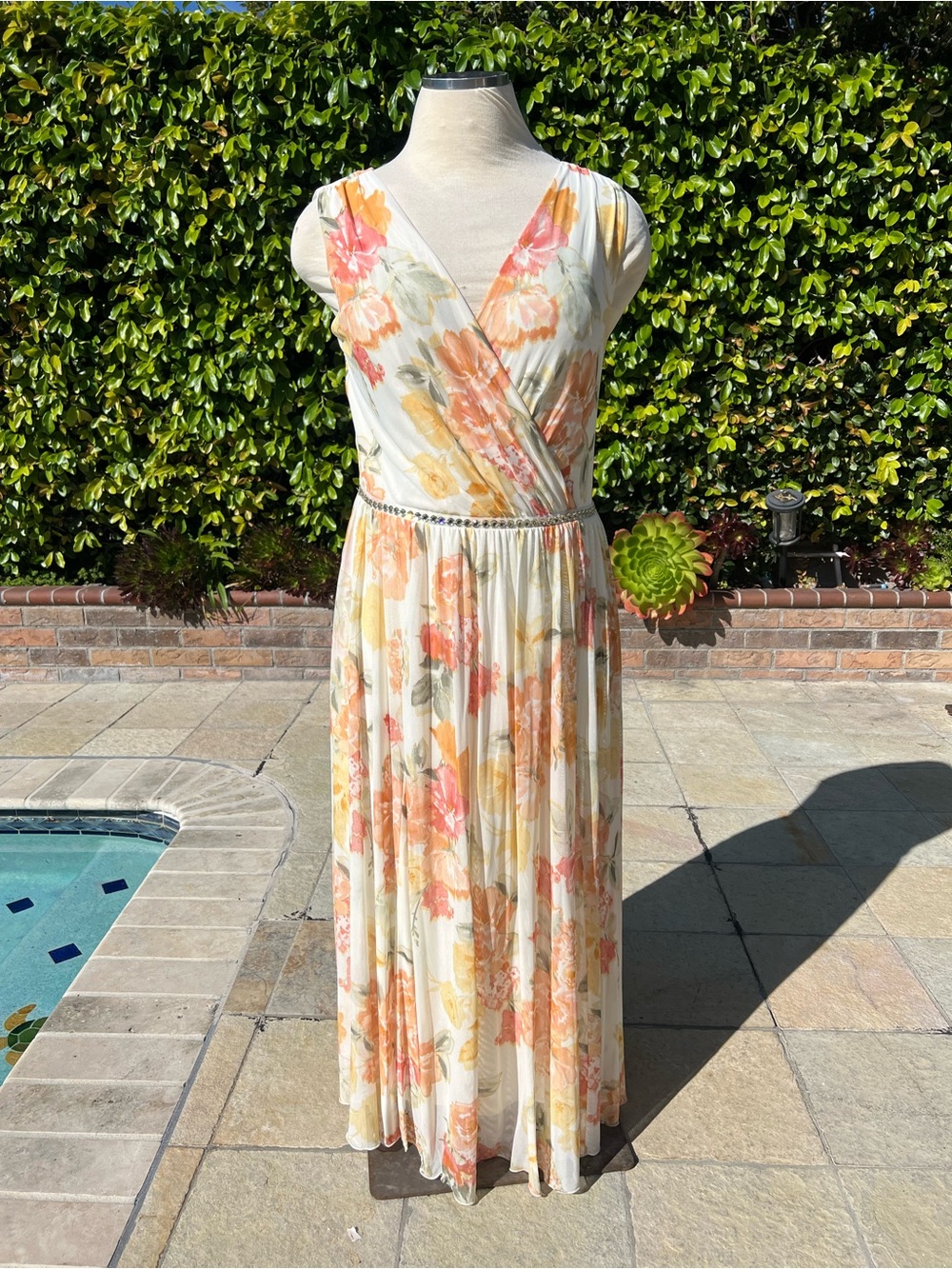 Sleeveless Floral Maxi Dress in Cream with Peach Accents